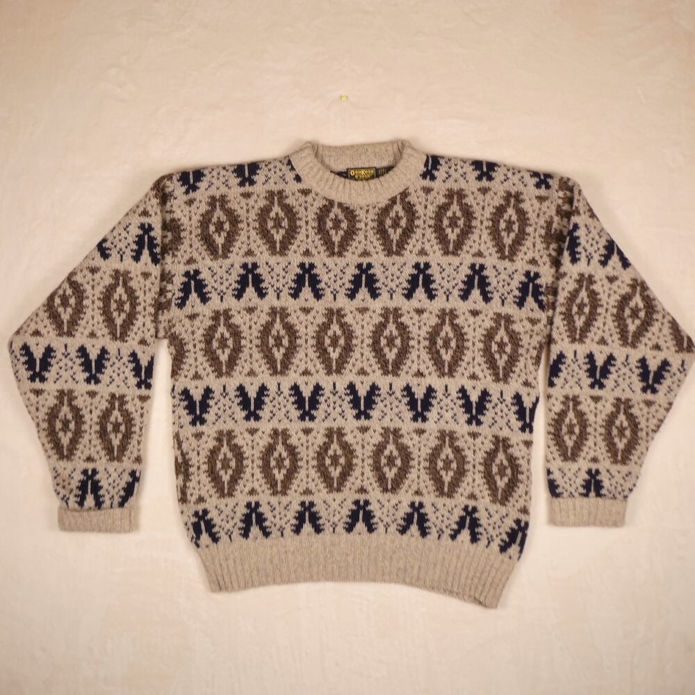 Vintage OshKosh B'Gosh XL Grey Brown Wool Blend Grandpa Sweater Fisherman 80s